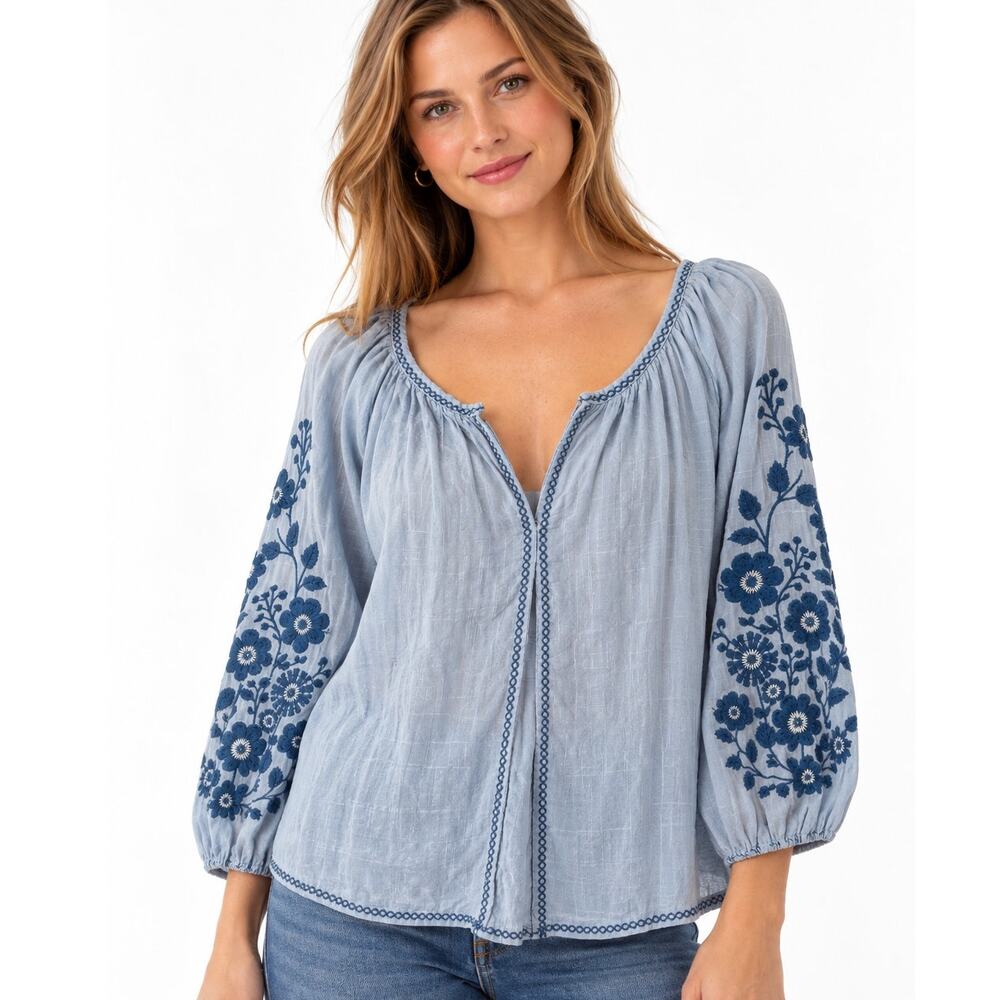Max Studio Embroidered Top Womens Large Light Blue Balloon Sleeve Peasant Blouse